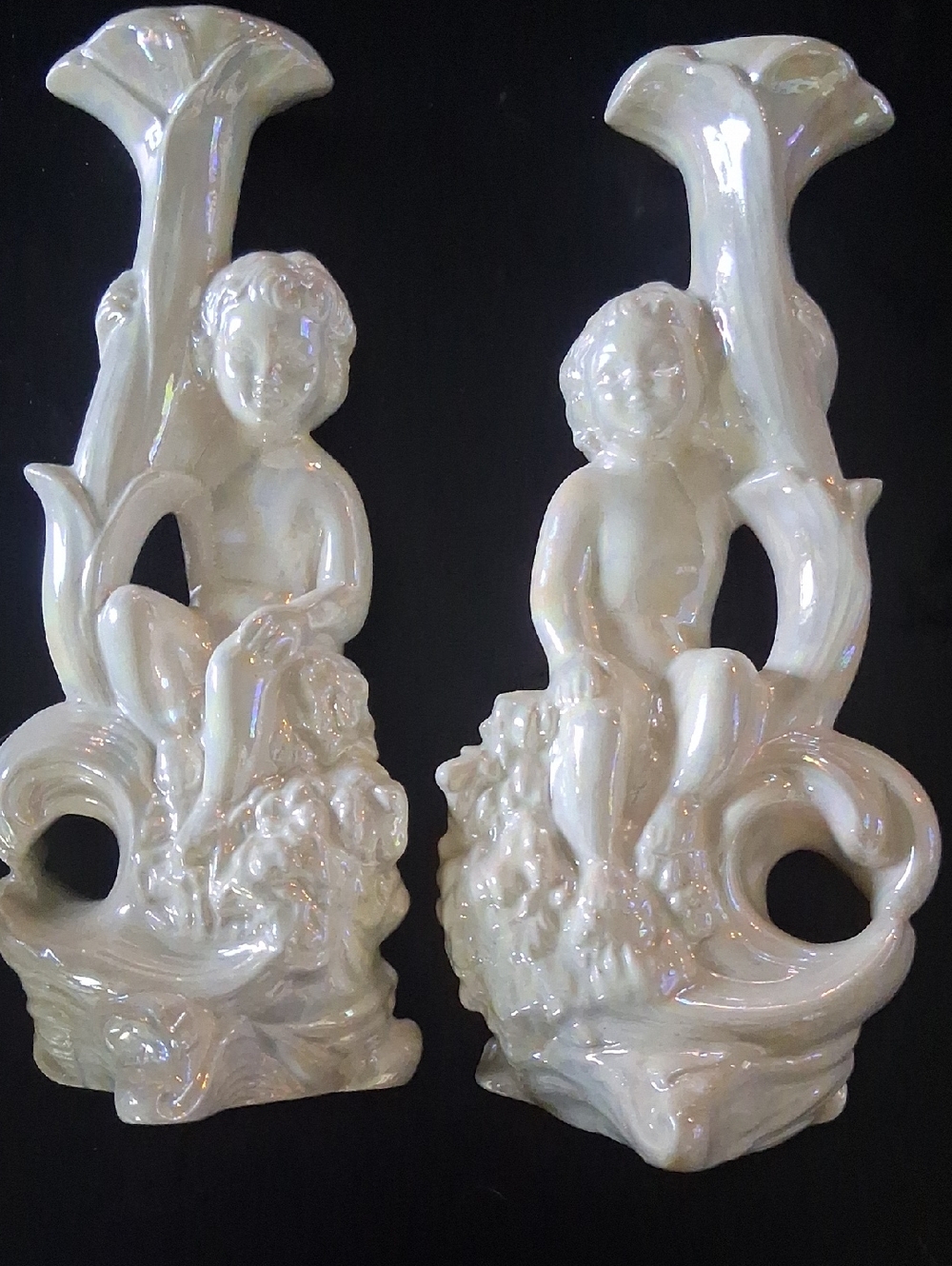 Vintage Mother Pearl Cherub Porcelain Candle Holders - Pair
